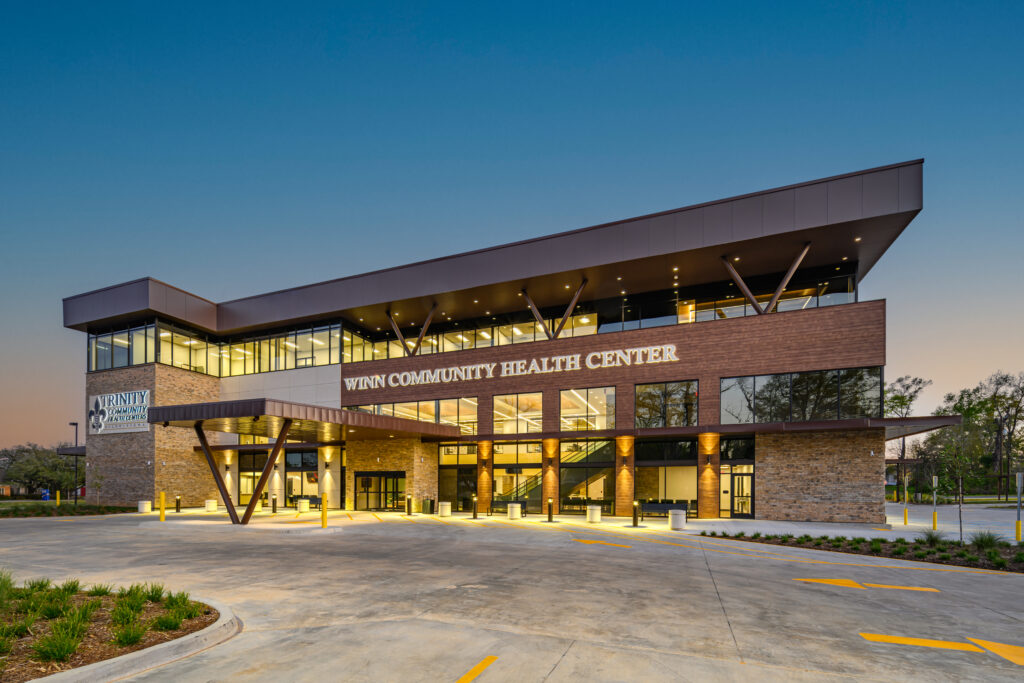 Exterior view of Winn Community Health Center, a three-story rural healthcare facility in Winnfield, Louisiana
